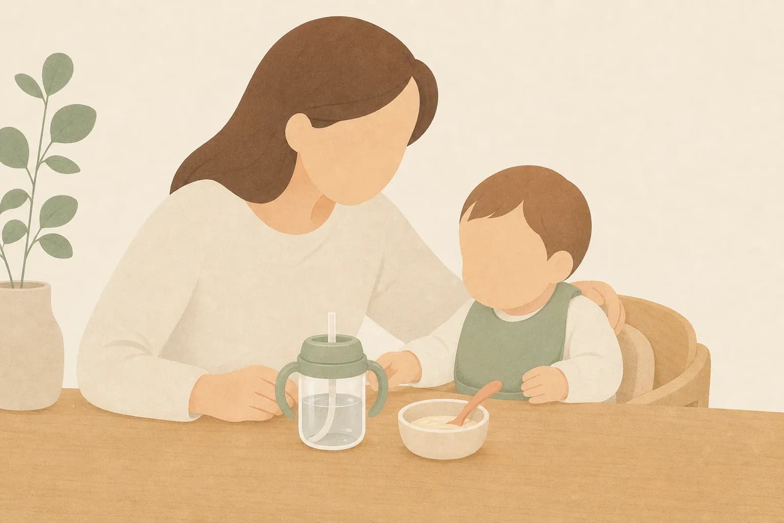 아기 물 언제부터 글의 커버 — 손잡이 빨대컵과 이유식 그릇이 놓인 식탁