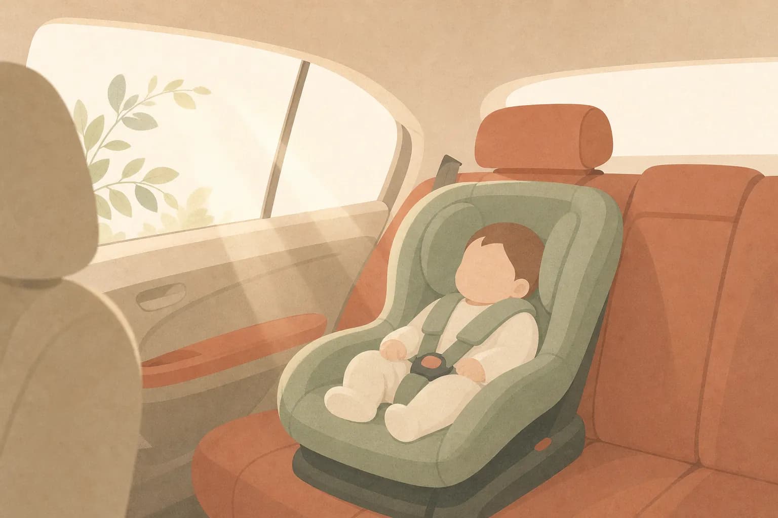 카시트 언제부터 글의 커버 — 자동차 뒷좌석에 설치된 아기 카시트