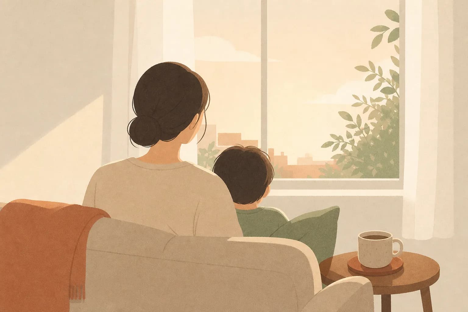 독박육아 외로움 글의 커버 — 창가에 앉은 사람의 뒷모습과 식은 커피잔