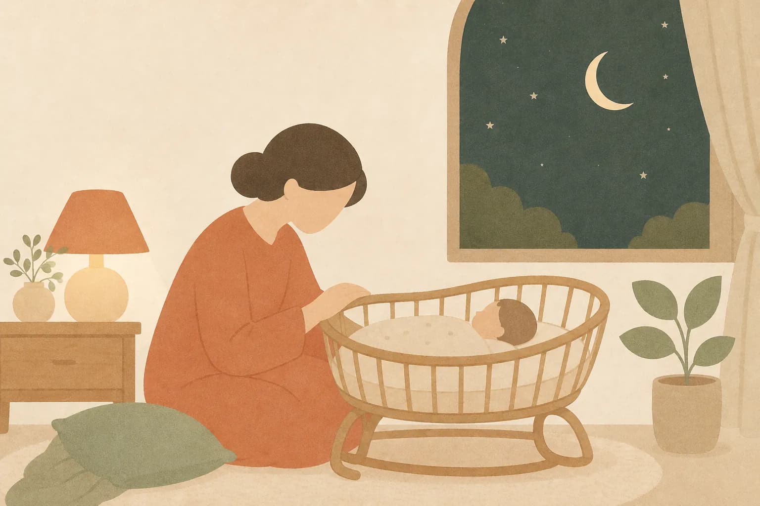 개월별 수면퇴행 시기를 정리한 글의 커버 — 밤하늘 아래 아기 요람