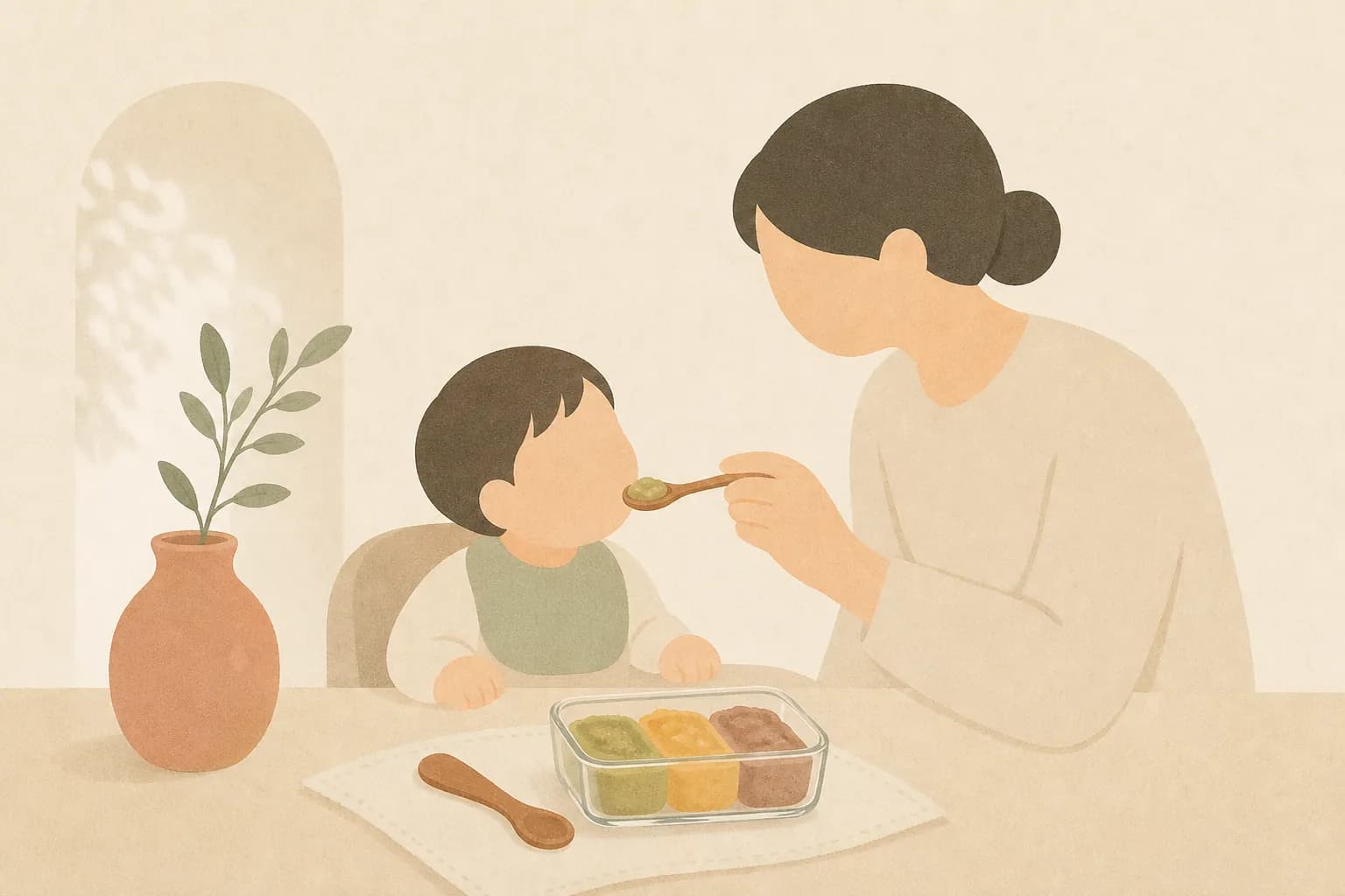 초기 이유식 순서·재료 글의 커버 — 큐브 틀에 담긴 채소·고기 퓌레와 작은 숟가락