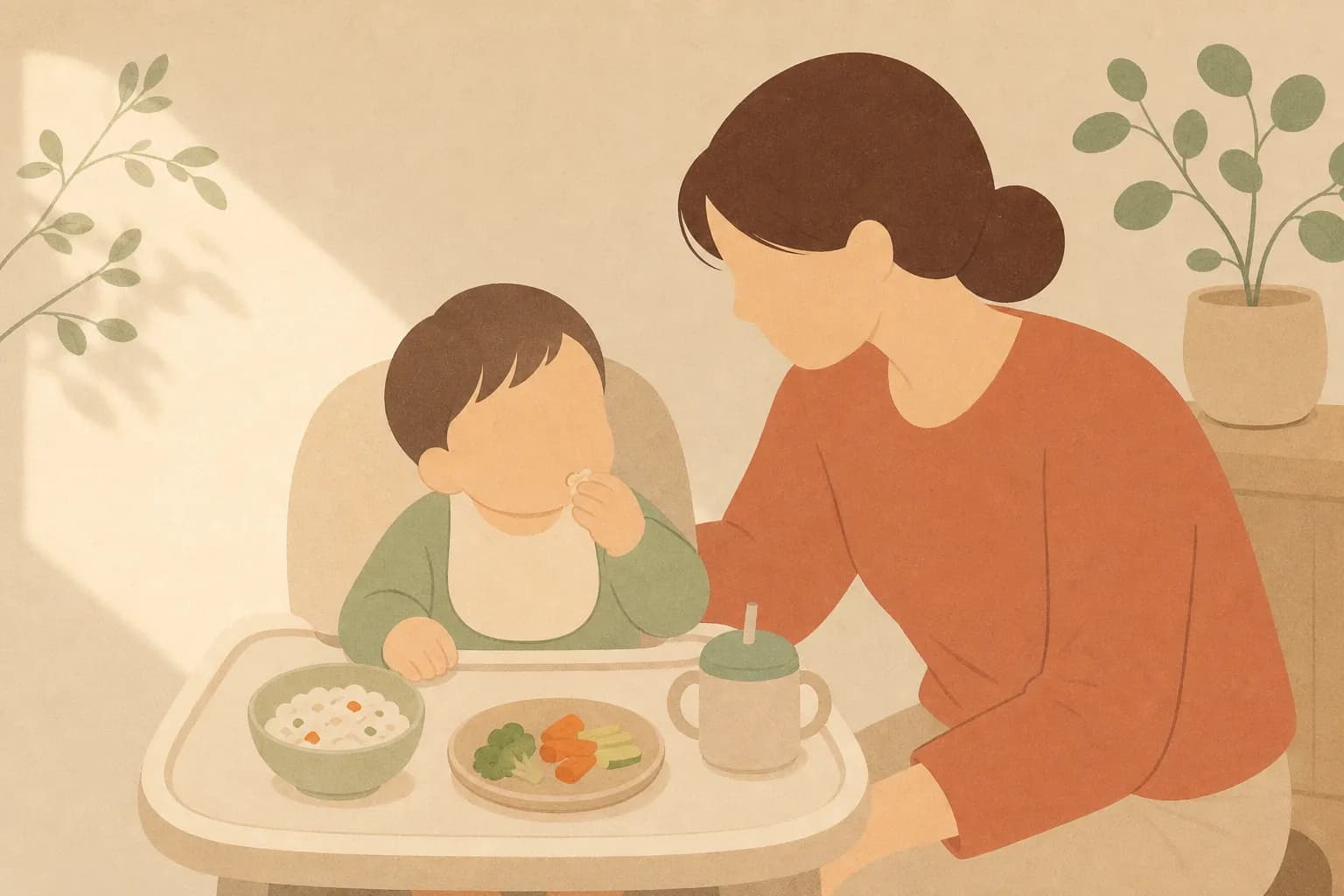 후기 이유식 글의 커버 — 진밥과 손으로 집는 채소, 빨대컵이 놓인 아기 식탁