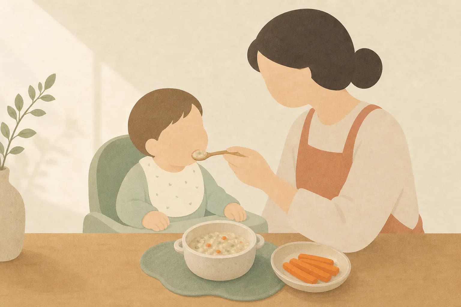 중기 이유식 알갱이 글의 커버 — 알갱이 죽과 찐 당근 막대가 놓인 식탁