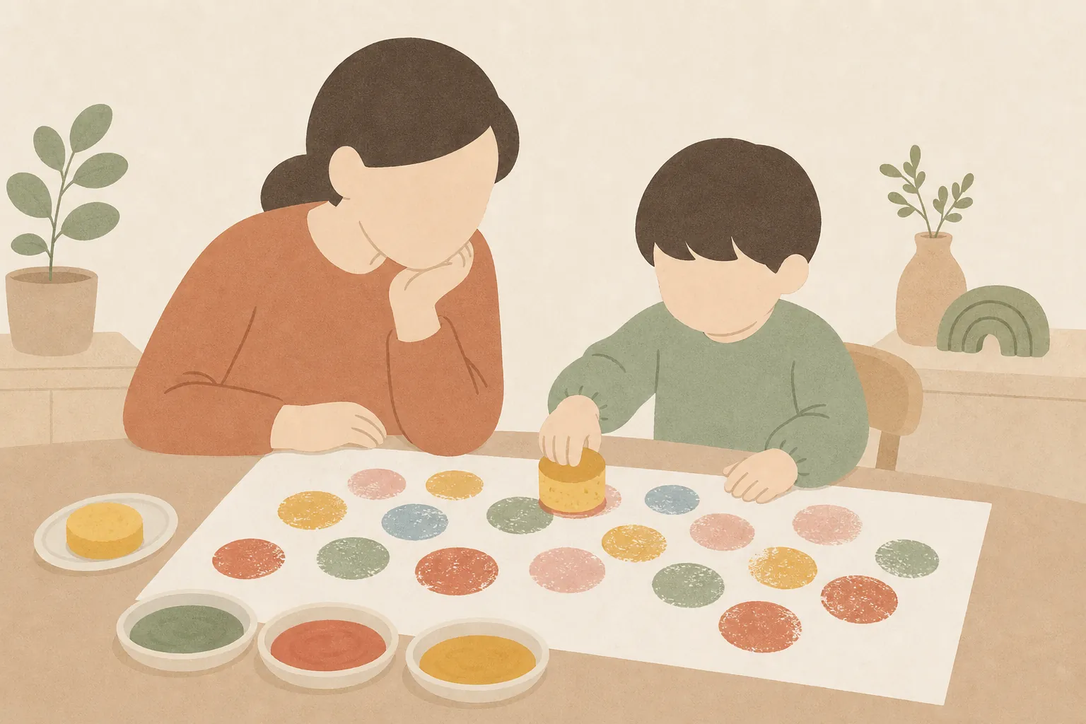 큰 종이에 물감 묻힌 스펀지를 꾹꾹 찍어 색색의 동그란 자국을 남기는 아이의 그림
