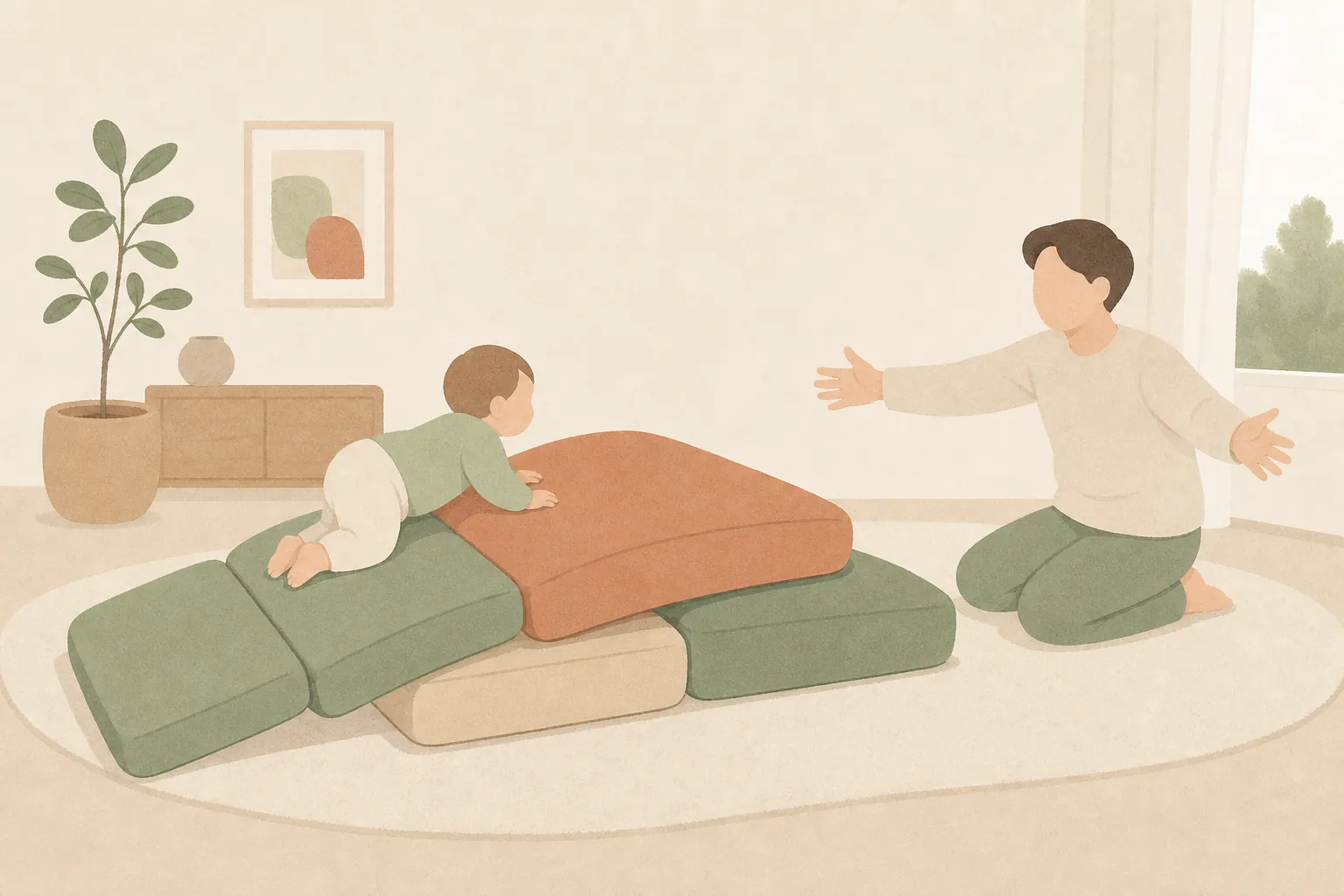 바닥에 낮게 쌓은 쿠션 위를 기어 넘는 아기와 반대편에서 팔을 벌려 기다리는 부모의 그림