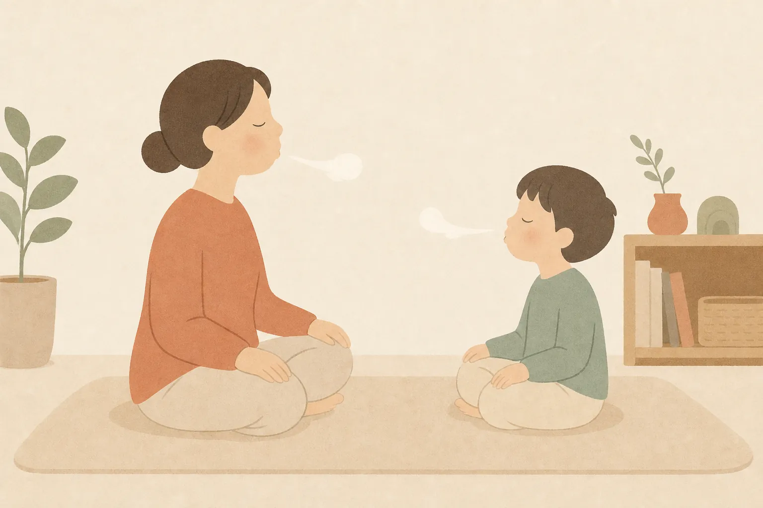 마주 앉은 부모와 아이가 눈을 감고 길게 숨을 내쉬며 마음을 가라앉히는 그림