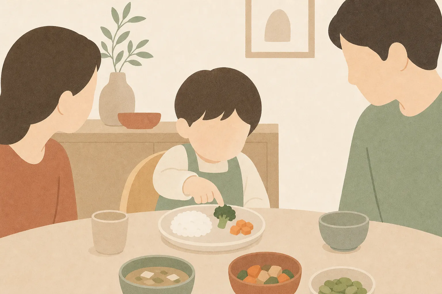 식탁에서 접시 위 브로콜리 한 조각을 호기심 있게 손가락으로 만져 보는 아이의 그림