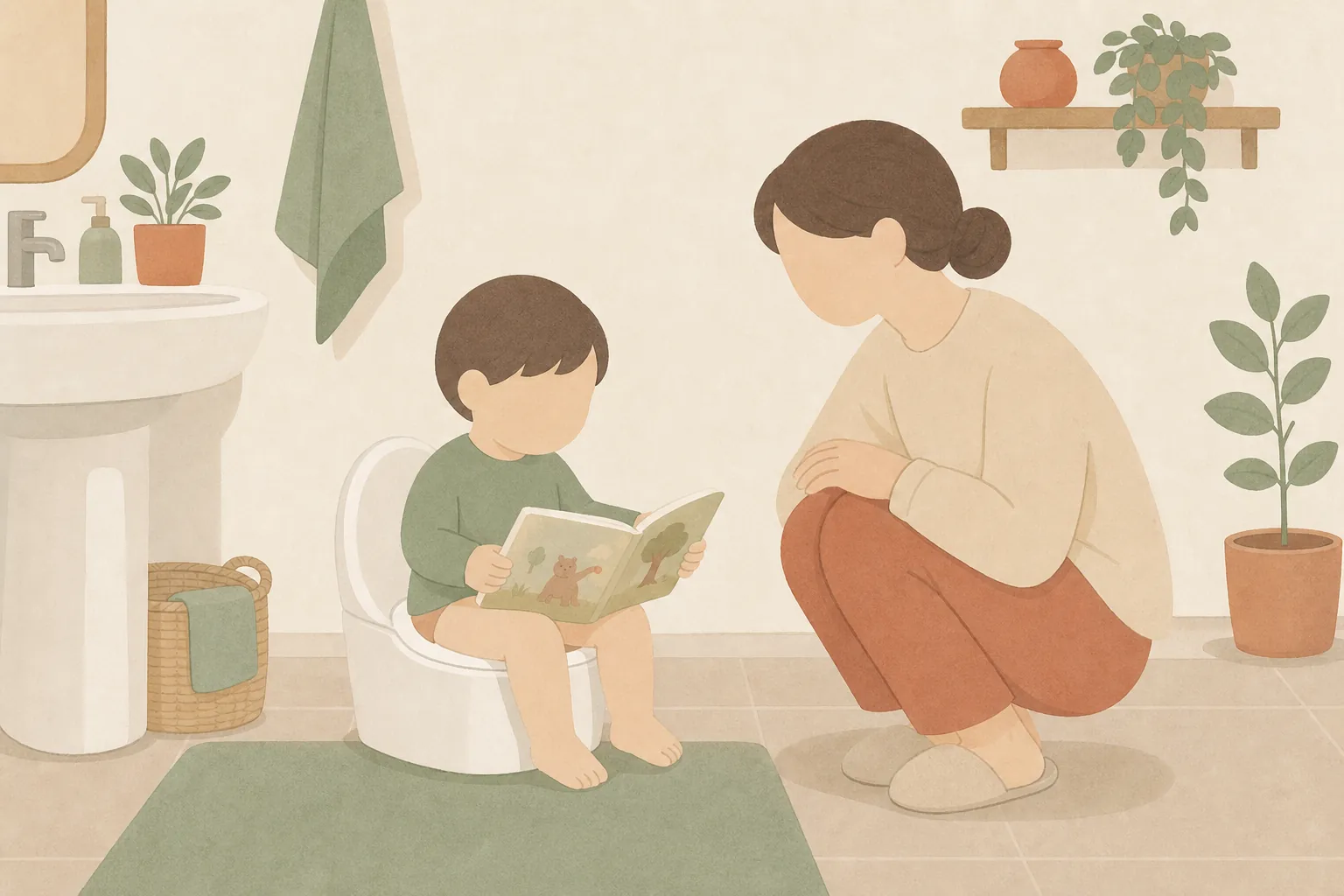 유아용 변기에 앉아 그림책을 보는 아이와 옆에 앉아 웃는 부모의 그림