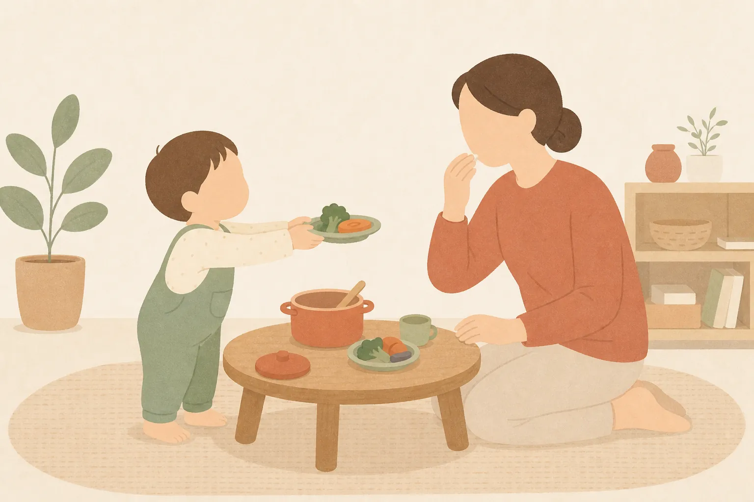장난감 냄비와 접시로 상을 차려 건네는 아이와 먹는 시늉을 하며 웃는 부모의 그림