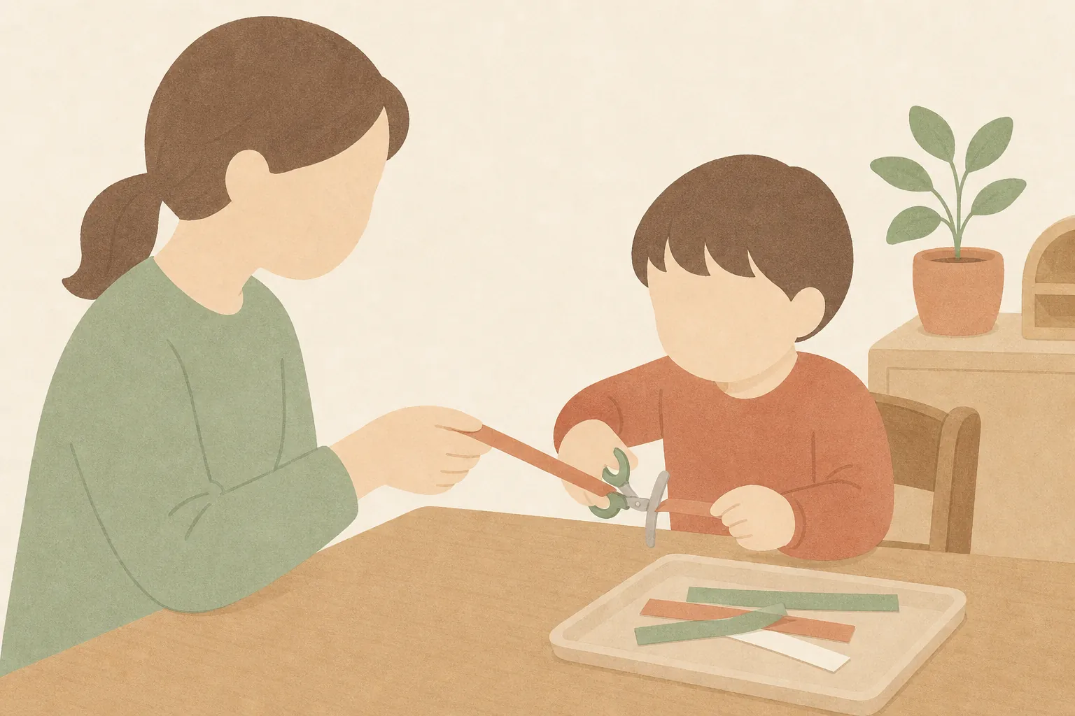 끝이 둥근 어린이 가위로 부모가 잡아 준 가는 종이 띠를 자르는 아이의 그림