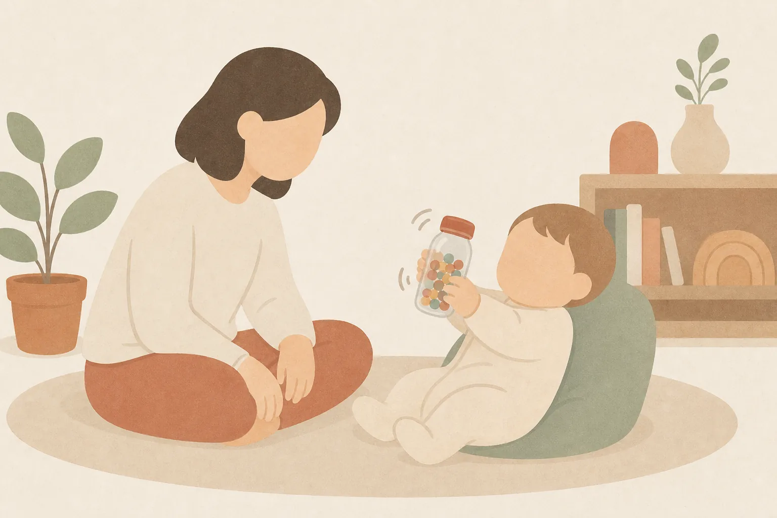 뚜껑을 막은 투명한 병을 두 손으로 흔드는 아기와 병 속 색 구슬, 옆에서 지켜보는 부모의 그림