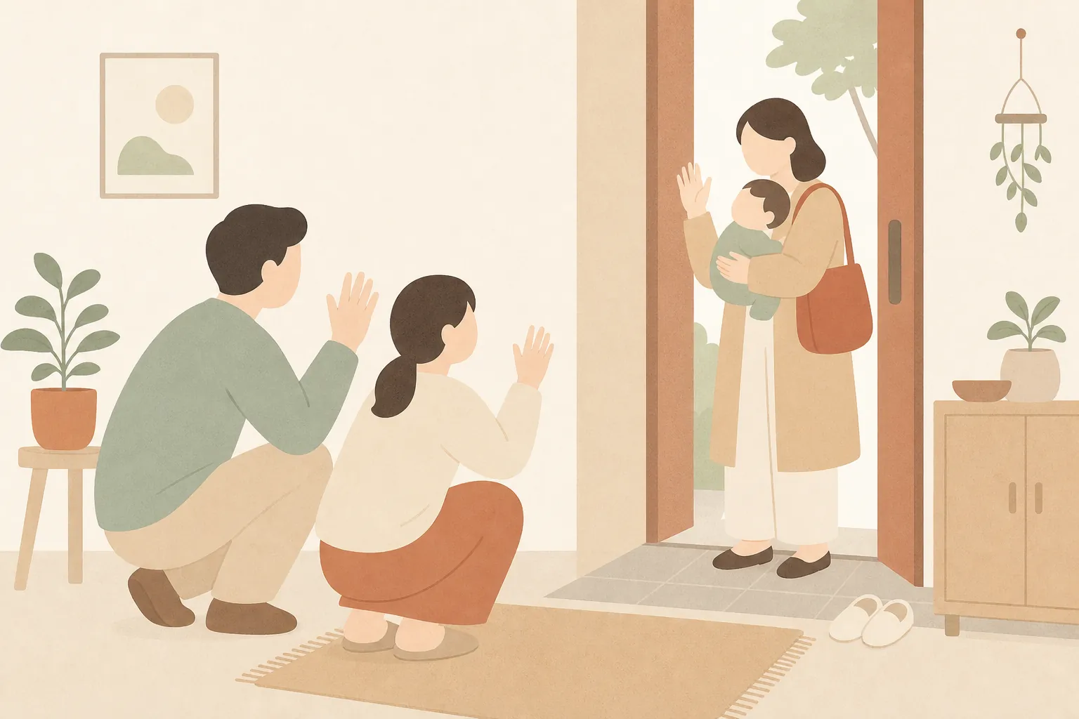 현관에서 쪼그려 앉은 부모가 다른 보호자 품에 안긴 아기에게 손을 흔들며 인사하는 그림