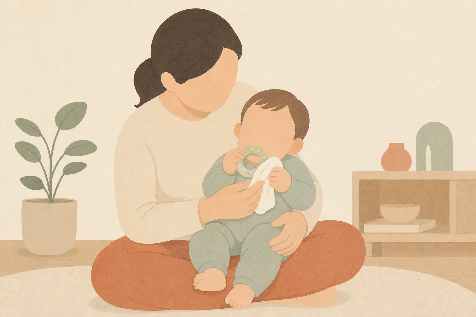 부모 무릎에 앉아 실리콘 치발기를 깨무는 아기와 손수건으로 턱을 닦아 주는 부모의 그림