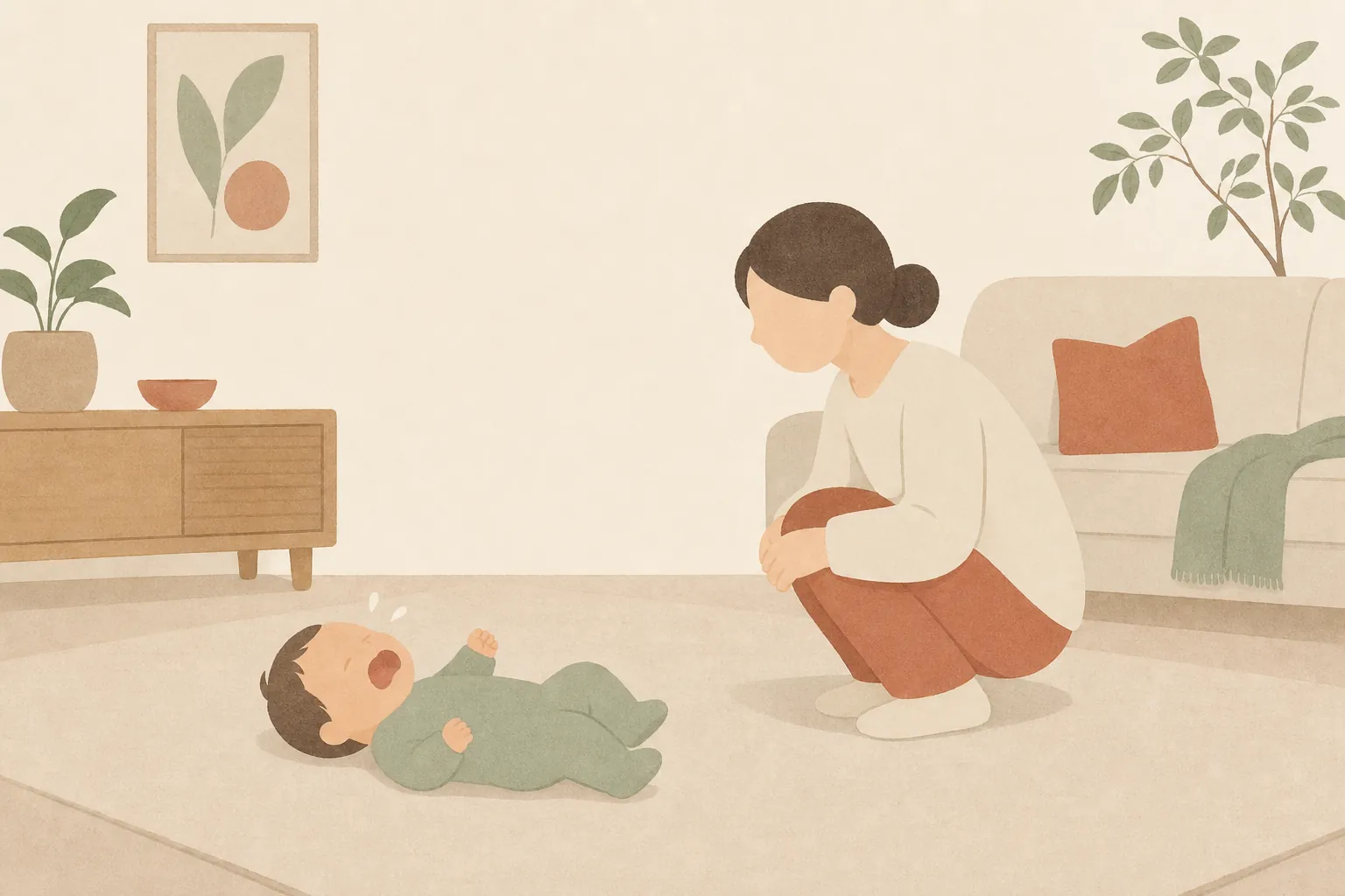 바닥에 누워 우는 아이 곁에 부모가 낮게 앉아 차분히 기다리는 그림
