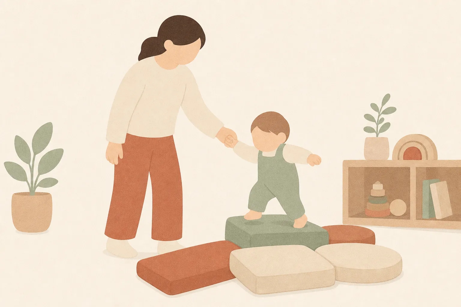 부모 손을 잡고 바닥의 낮은 쿠션 더미를 밟아 오르내리는 걸음마 아기의 그림