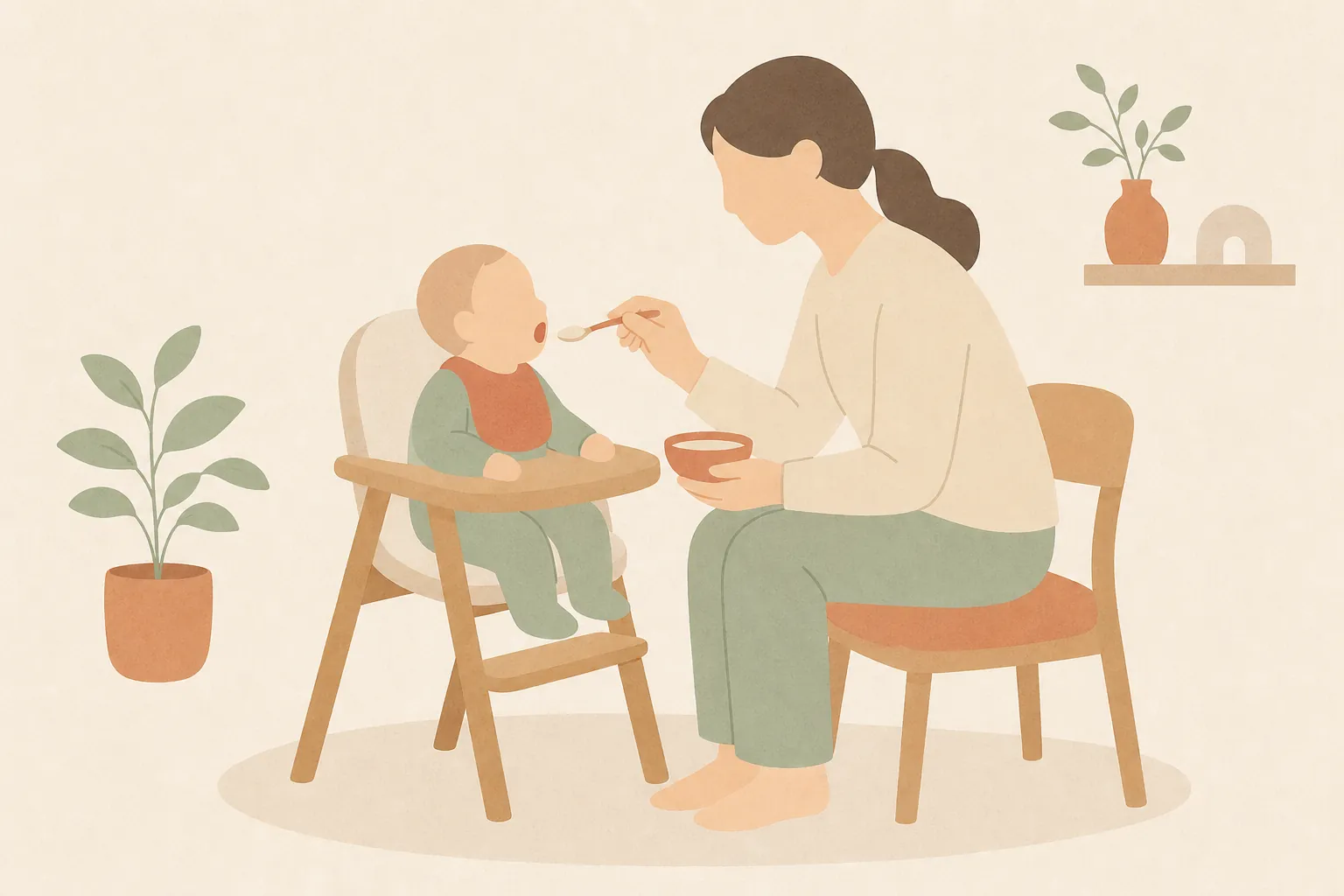아기 의자에 똑바로 앉은 아기에게 마주 앉은 부모가 작은 숟가락으로 미음을 떠 주는 그림